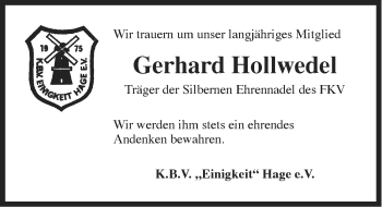 Traueranzeige von Gerhard Hollwedel von Ostfriesischer Kurier