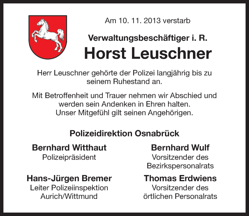  Traueranzeige für Horst Leuschner vom 27.11.2013 aus Ostfriesischer Kurier