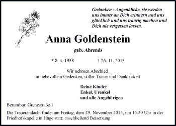 Traueranzeige von Anna Goldenstein von Ostfriesischer Kurier
