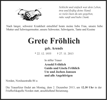 Traueranzeige von Grete Fröhlich von Ostfriesischer Kurier