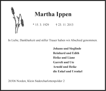 Traueranzeige von Martha Ippen von Ostfriesischer Kurier