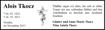 Traueranzeige von Alois Tkocz von Ostfriesischer Kurier