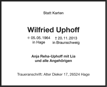 Traueranzeige von Wilfried Uphoff von Ostfriesischer Kurier