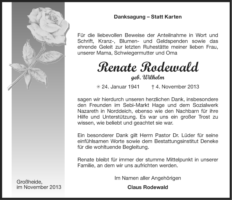  Traueranzeige für Renate Rodewald vom 30.11.2013 aus Ostfriesischer Kurier