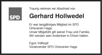 Traueranzeige von Gerhard Hollwedel von Ostfriesischer Kurier