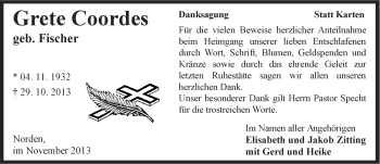Traueranzeige von Grete Coordes von Ostfriesischer Kurier