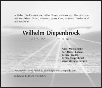 Traueranzeige von Wilhelm Diepenbrock von Ostfriesischer Kurier