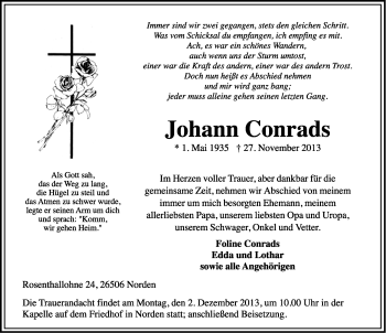 Traueranzeige von Johann Conrads von Ostfriesischer Kurier