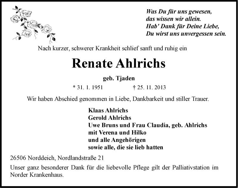  Traueranzeige für Renate Ahlrichs vom 30.11.2013 aus Ostfriesischer Kurier