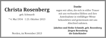 Traueranzeige von Christa Rosenberg von Ostfriesischer Kurier