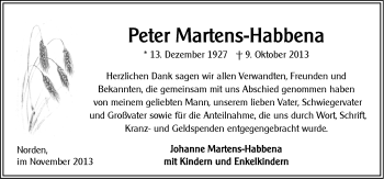 Traueranzeige von Peter Martens-Habbena von Ostfriesischer Kurier