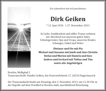 Traueranzeige von Dirk Geiken von Ostfriesischer Kurier