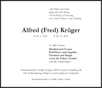 Traueranzeige von Alfred Krüger von Ostfriesischer Kurier