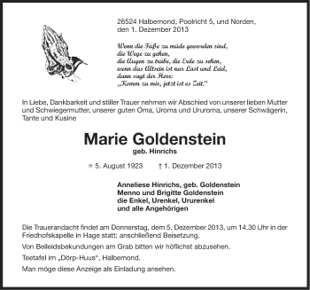 Traueranzeige von Marie Goldenstein von Ostfriesischer Kurier