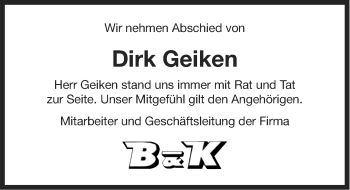 Traueranzeige von Dirk Geiken von Ostfriesischer Kurier