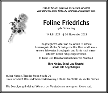 Traueranzeige von Foline Friedrichs von Ostfriesischer Kurier