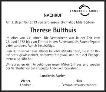 Traueranzeige von Therese Bülthuis von Ostfriesischer Kurier