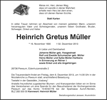 Traueranzeige von Heinrich Gretus Müller von Ostfriesischer Kurier