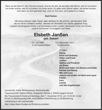 Traueranzeige von Elsbeth Janßen von Ostfriesischer Kurier