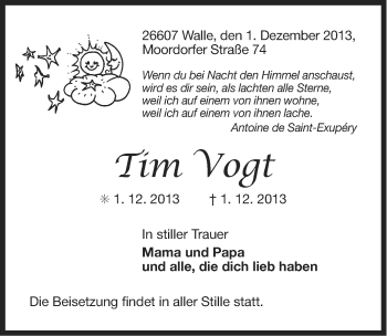 Traueranzeige von Tim Vogt von Ostfriesischer Kurier