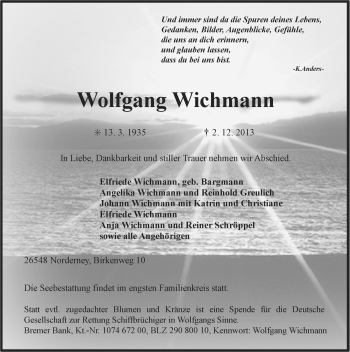 Traueranzeige von Wolfgang Wichmann von Ostfriesischer Kurier
