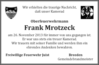 Traueranzeige von Frank Mrotzeck von Ostfriesischer Kurier