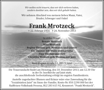 Traueranzeige von Frank Mrotzeck von Ostfriesischer Kurier