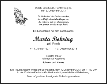 Traueranzeige von Marta Bohring von Ostfriesischer Kurier