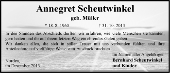 Traueranzeige von Annegret Scheutwinkel von Ostfriesischer Kurier