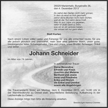 Traueranzeige von Johann Schneider von Ostfriesischer Kurier