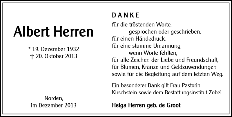  Traueranzeige für Albert Herren vom 07.12.2013 aus Ostfriesischer Kurier