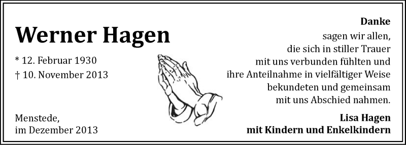  Traueranzeige für Werner Hagen vom 07.12.2013 aus Ostfriesischer Kurier