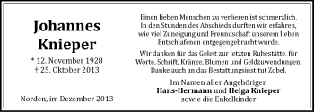 Traueranzeige von Johannes Knieper von Ostfriesischer Kurier