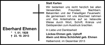 Traueranzeige von Eberhard Ehmen von Ostfriesischer Kurier