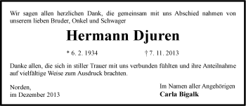 Traueranzeige von Hermann Djuren von Ostfriesischer Kurier