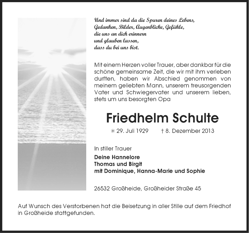  Traueranzeige für Friedhelm Schulte vom 12.12.2013 aus Ostfriesischer Kurier