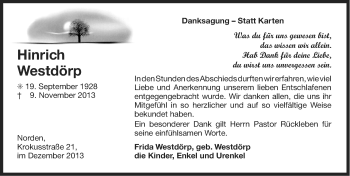 Traueranzeige von Hinrich Westdörp von Ostfriesischer Kurier