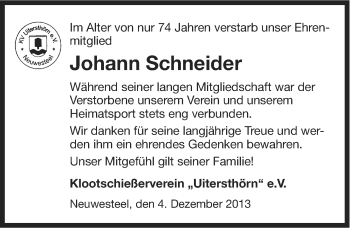 Traueranzeige von Johann Schneider von Ostfriesischer Kurier
