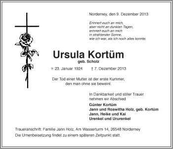 Traueranzeige von Ursula Kortüm von Ostfriesischer Kurier