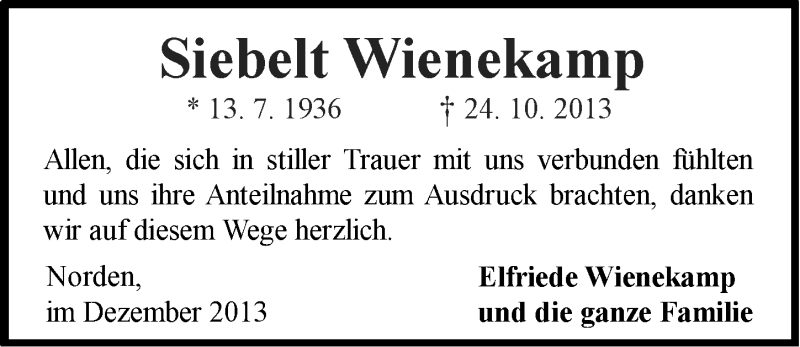  Traueranzeige für Siebelt Wienekamp vom 14.12.2013 aus Ostfriesischer Kurier