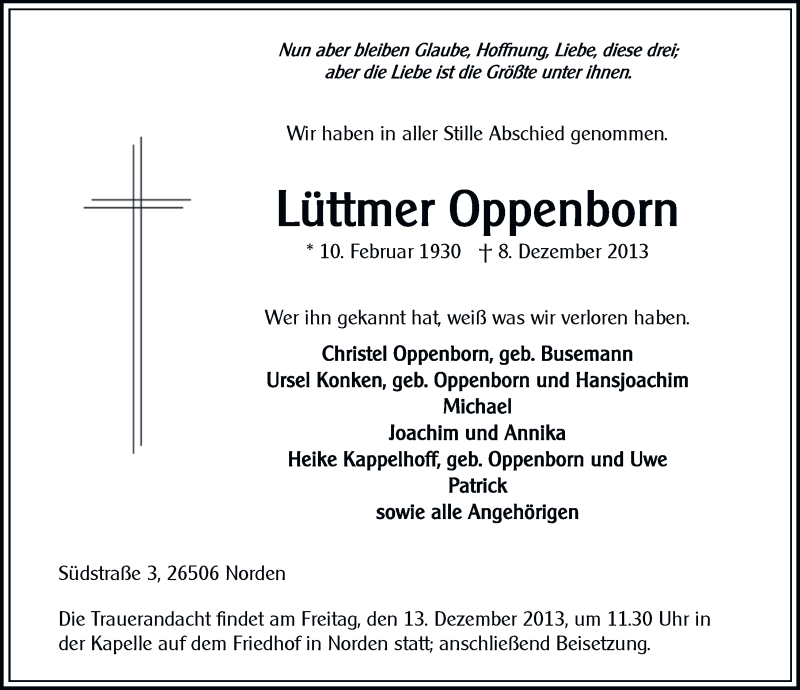  Traueranzeige für Lüttmer Oppenborn vom 10.12.2013 aus Ostfriesischer Kurier