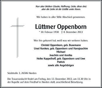 Traueranzeige von Lüttmer Oppenborn von Ostfriesischer Kurier
