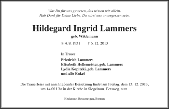 Traueranzeige von Hildegard Ingrid Lammers von Ostfriesischer Kurier