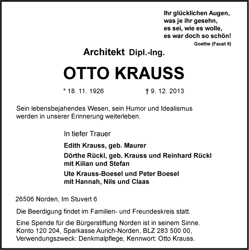  Traueranzeige für Otto Krauss vom 11.12.2013 aus Ostfriesischer Kurier