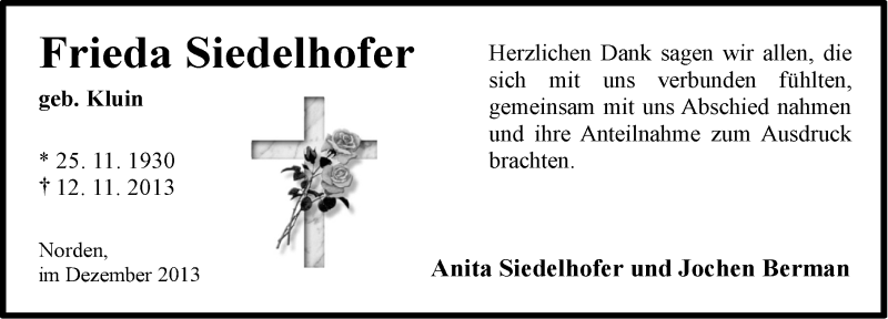  Traueranzeige für Frieda Siedelhofer vom 14.12.2013 aus Ostfriesischer Kurier