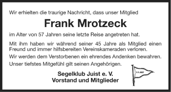 Traueranzeige von Frank Mrotzeck von Ostfriesischer Kurier