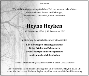 Traueranzeige von Heyno Heyken von Ostfriesischer Kurier