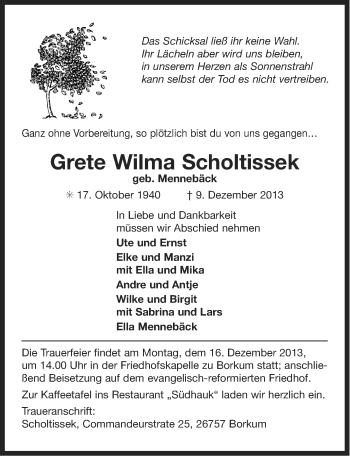 Traueranzeige von Grete Wilma Scholtissek von Ostfriesischer Kurier