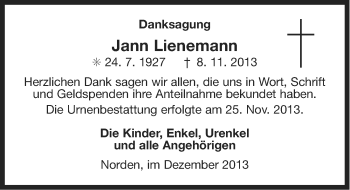 Traueranzeige von Jann Lienemann von Ostfriesischer Kurier