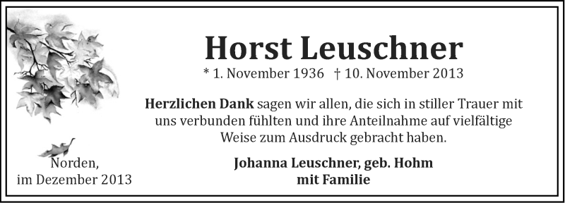 Traueranzeige für Horst Leuschner vom 14.12.2013 aus Ostfriesischer Kurier